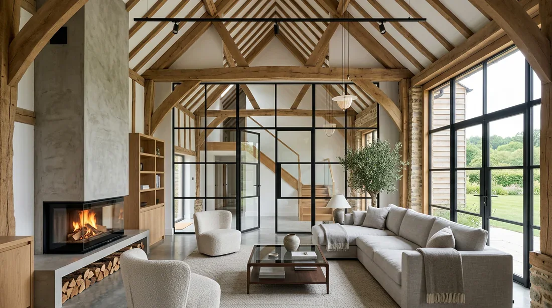 Aménagement intérieur d'une grange transformée en loft contemporain