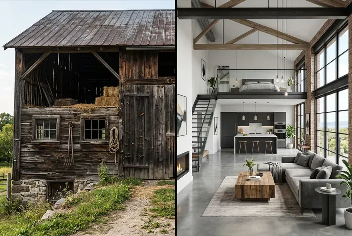Avant après de la rénovation d'une grange en loft lumineux