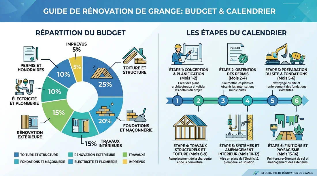 Infographie expliquant le budget et les phases de rénovation d'une grange