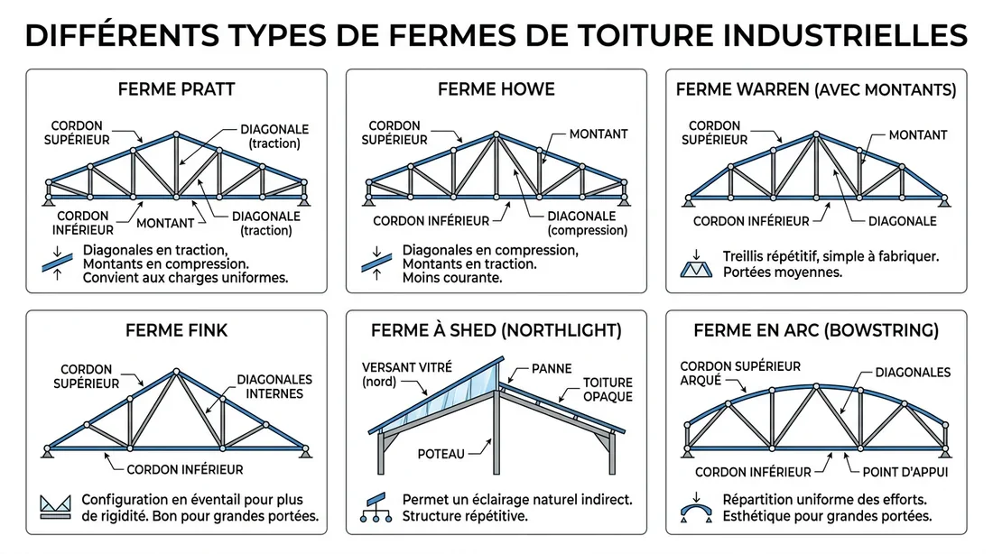 Infographie des types de charpentes industrielles
