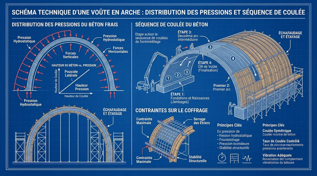 Schéma technique des étapes du coulage sur coffrage de voûte