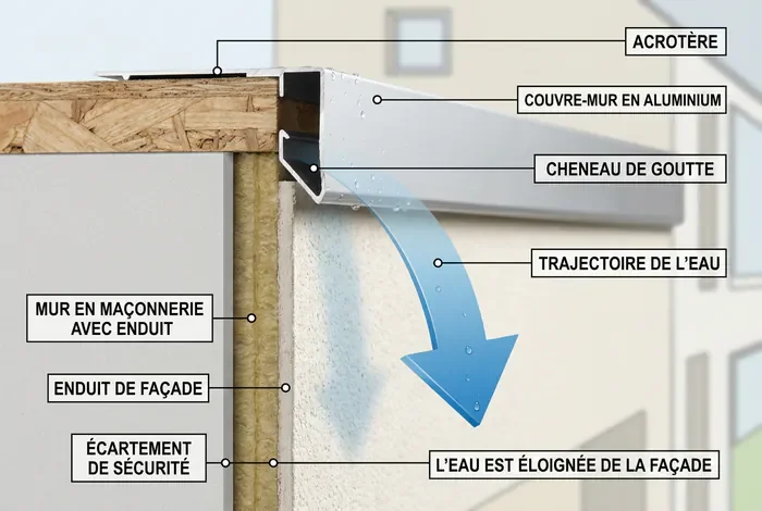 Schéma expliquant le fonctionnement du larmier d'une couvertine pour évacuer l'eau