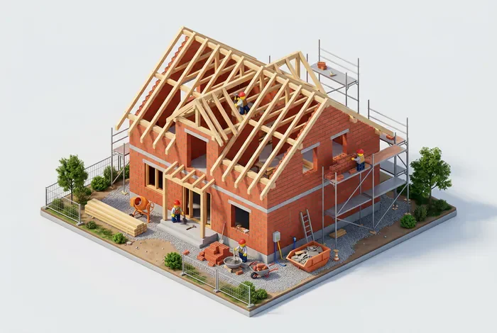 Illustration 3D isométrique d'une maison individuelle en cours de construction