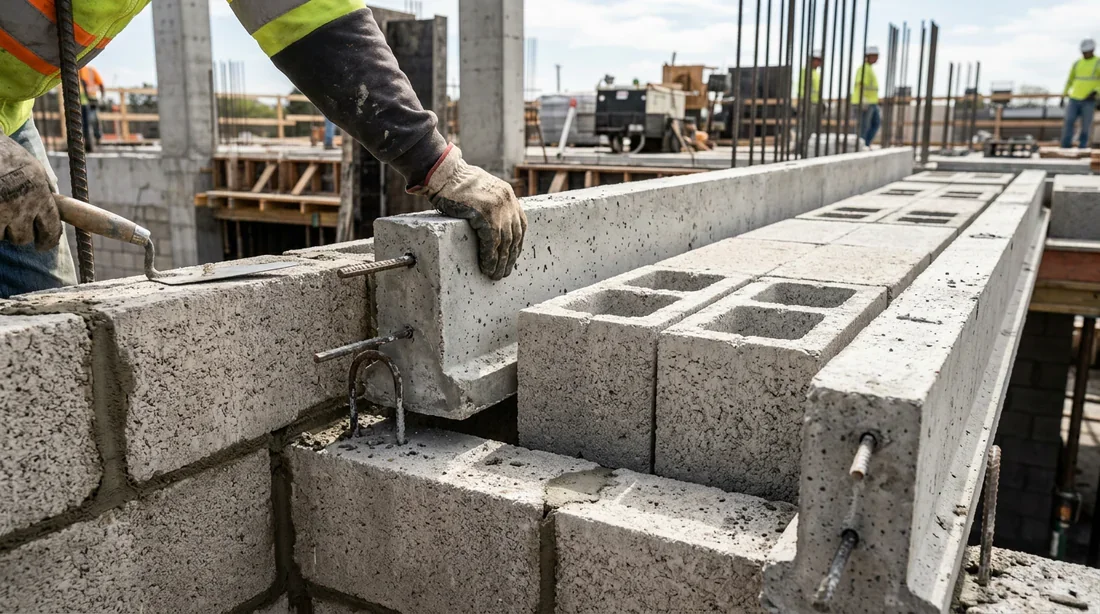 Pose des poutrelles en béton et des entrevous sur les murs porteurs