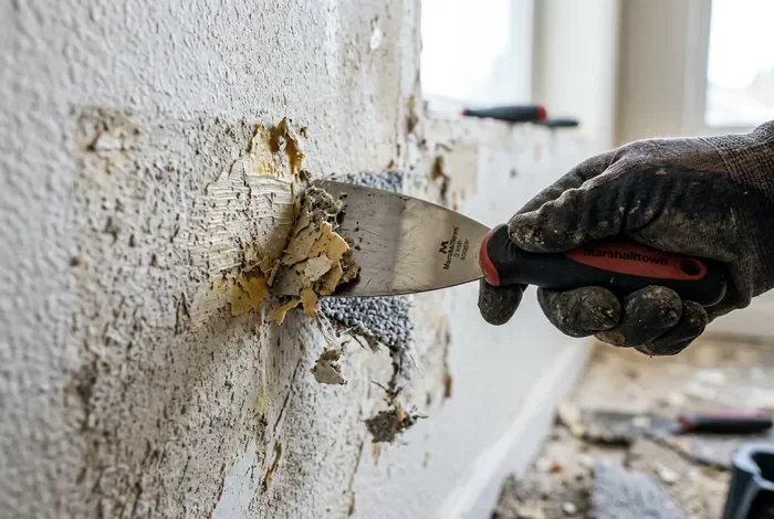 Main gantée utilisant une spatule pour gratter de la colle murale