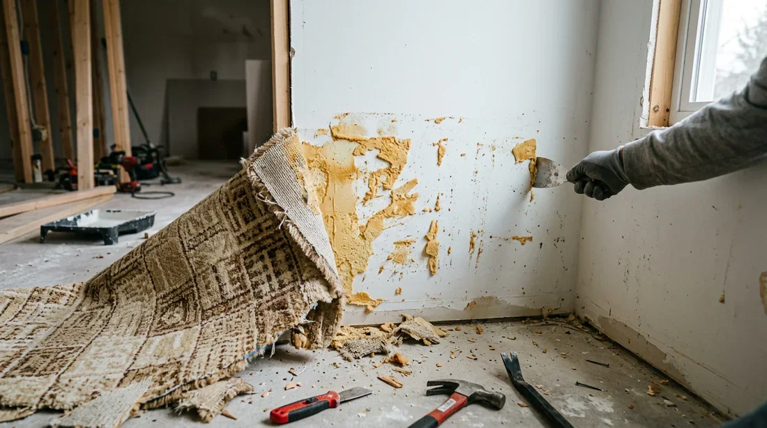 Rénovation intérieure avec moquette murale beige et marron en cours de retrait