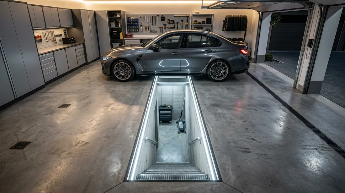 Installation d'une fosse de visite dans un garage moderne Garage moderne avec une fosse de visite automobile éclairée par des LED