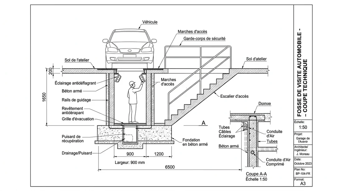 Schéma de conception d'une fosse de garage Plan technique de coupe d'une fosse de visite automobile
