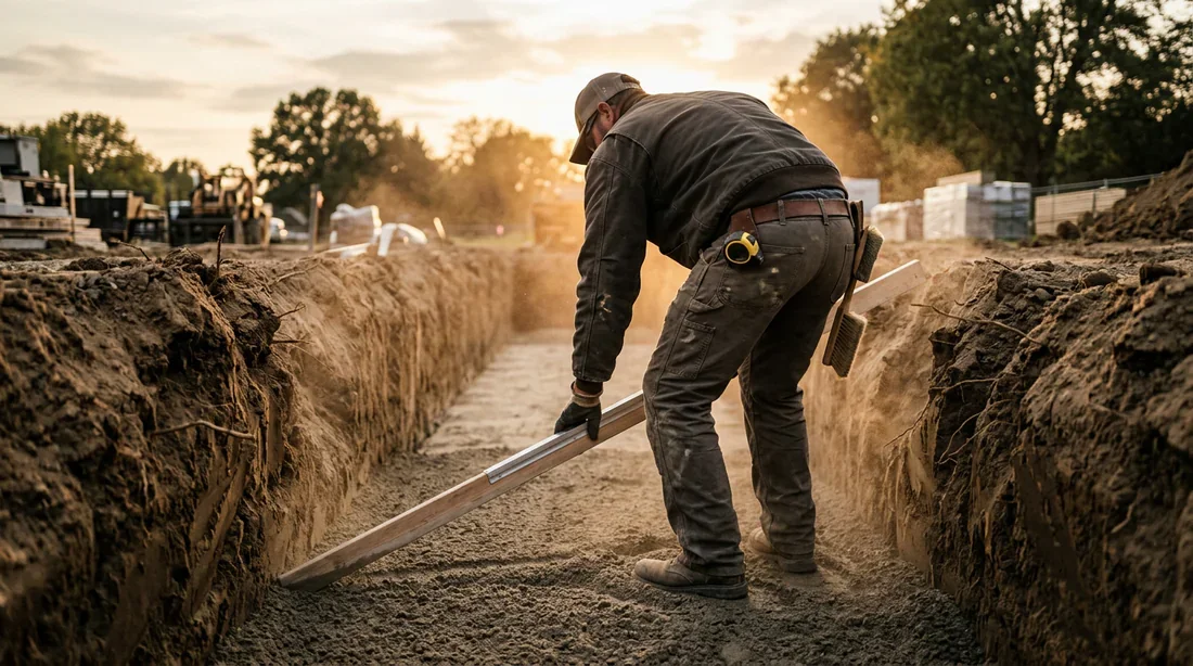 Artisan maçon étalant du béton maigre au fond d'une tranchée de fondation avec une règle