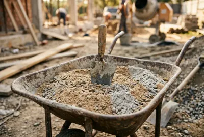 Gros plan sur une brouette remplie de mélange pour béton avec une truelle plantée