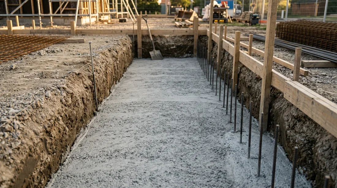 Semelle de béton de propreté coulée et nivelée au fond des tranchées