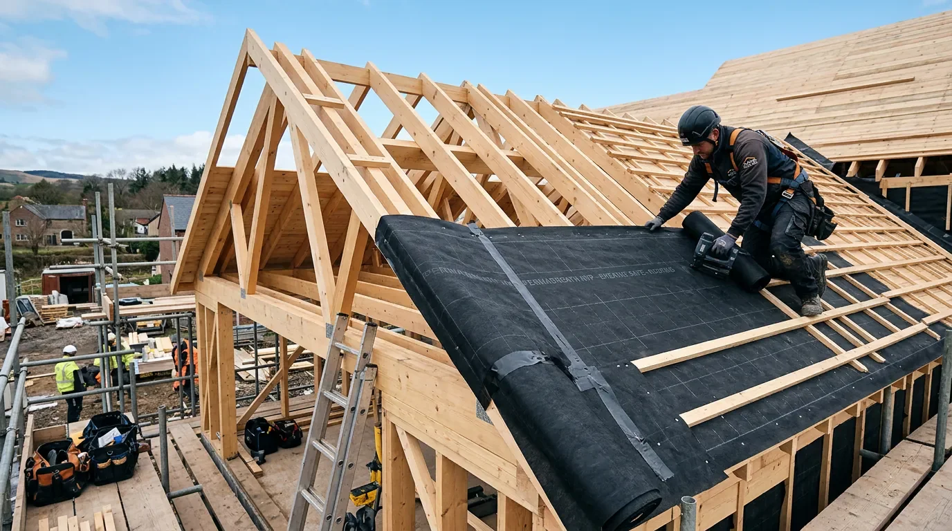 Pose d'un écran de sous-toiture protecteur Installation d'un écran de sous-toiture sur une charpente en bois pendant la construction d'une maison.