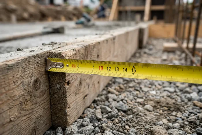 Gros plan sur un mètre ruban indiquant 15 cm d'épaisseur sur un coffrage en bois.