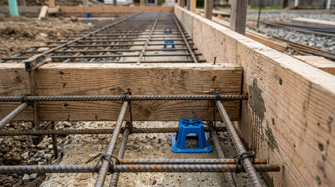 Mise en place du coffrage en bois et du ferraillage avec treillis soudé.
