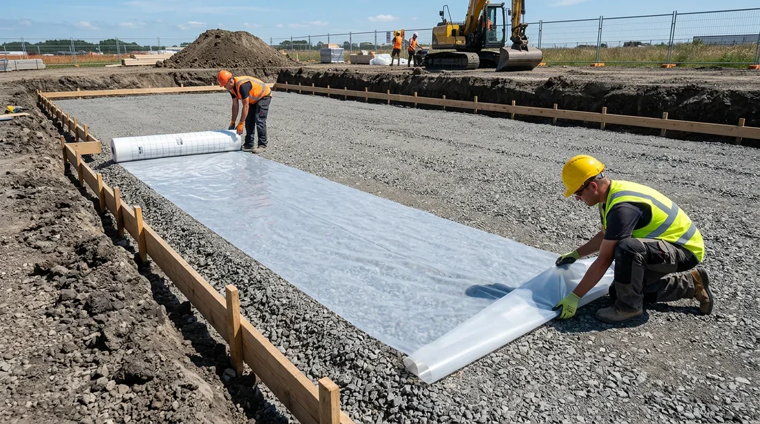 Préparation du sol avec gravier compacté et film polyane pour dalle béton.