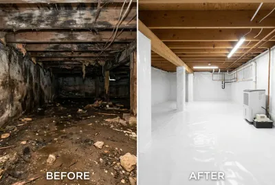 Comparatif avant et après encapsulage et isolation d'un vide sanitaire