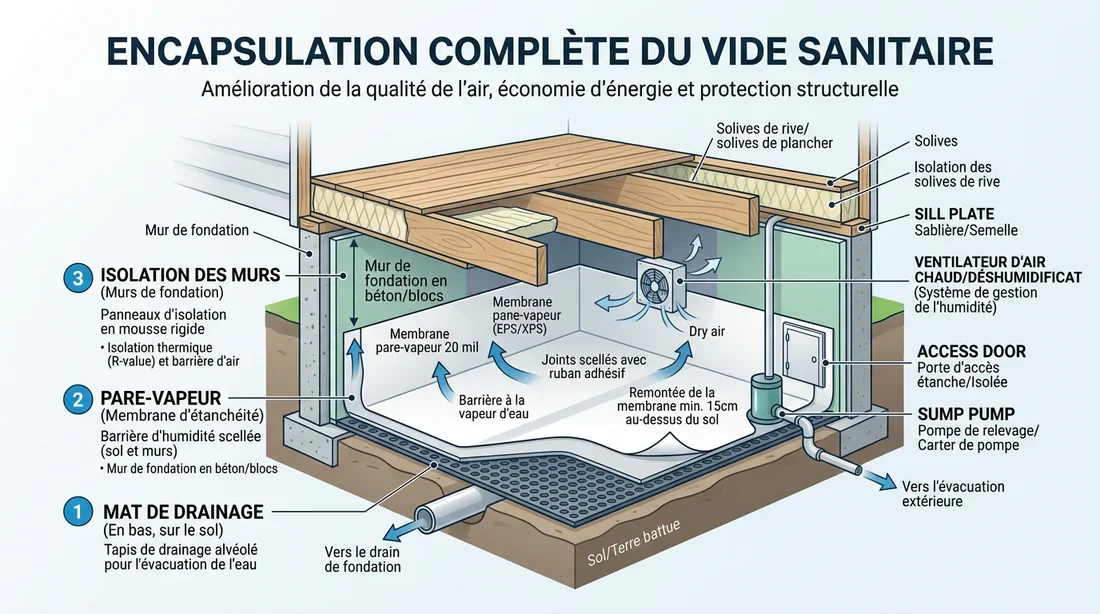 Schéma technique d'encapsulage de vide sanitaire Infographie expliquant la structure d'encapsulage et pare-vapeur d'un vide sanitaire