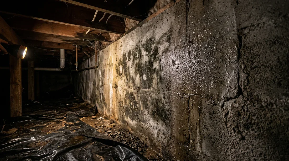 Diagnostic d'humidité dans un vide sanitaire Problèmes d'humidité et traces de moisissure sur les murs d'un vide sanitaire