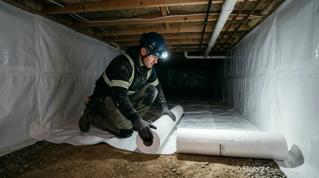 Installation de membrane d'étanchéité dans un vide sanitaire Professionnel installant une membrane d'étanchéité blanche dans un vide sanitaire propre