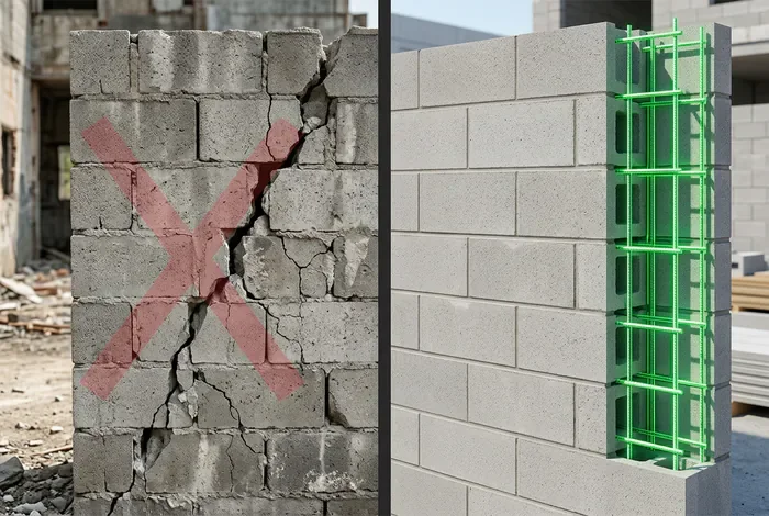 Comparaison entre un mur fissuré sans armature et un mur renforcé par du chaînage