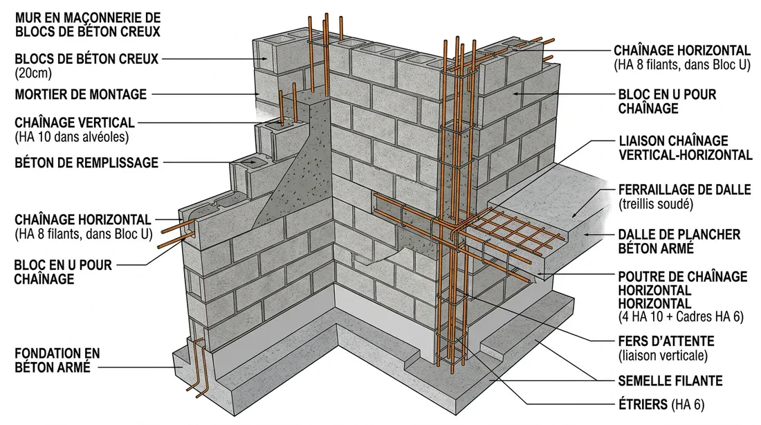 Schéma explicatif du ferraillage d'un mur Schéma technique des chaînages verticaux et horizontaux dans de la maçonnerie en parpaings