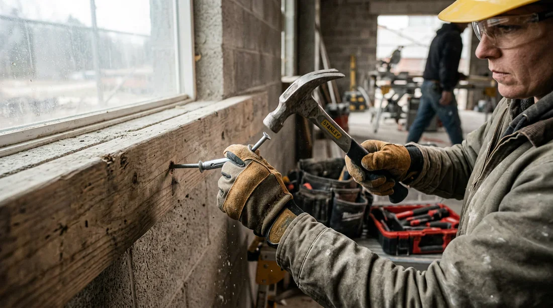 Installation professionnelle d'une cheville à frapper dans du parpaing Artisan fixant une lambourde sur un mur en parpaing avec une cheville à frapper