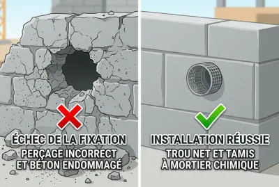 Comparaison avant après perçage parpaing mauvais vs bon