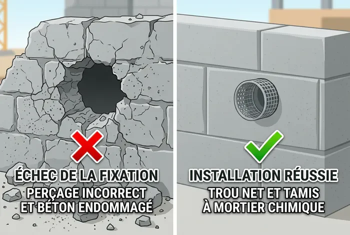 Comparaison avant après perçage parpaing mauvais vs bon