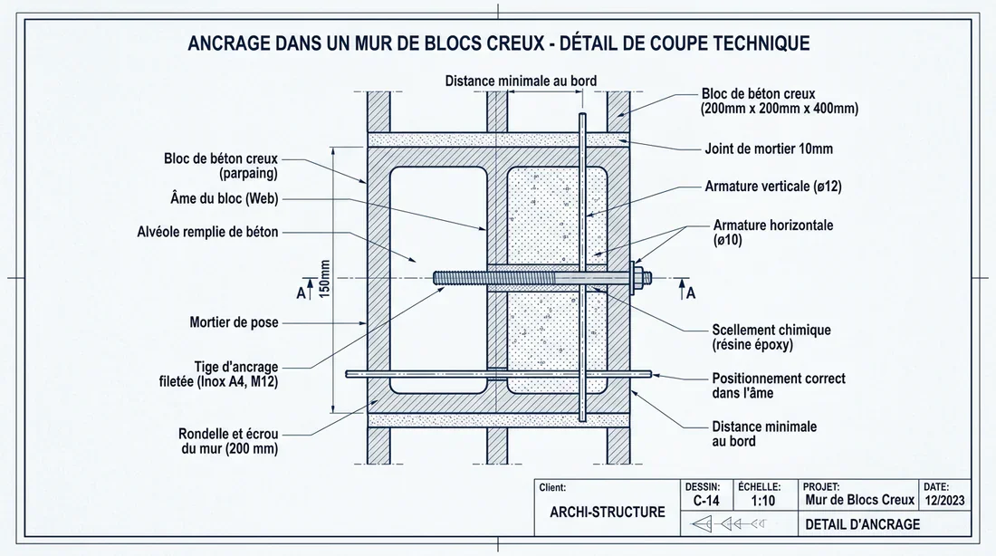 Positionnement idéal de la cheville dans le parpaing Schéma technique de positionnement de cheville dans un parpaing creux