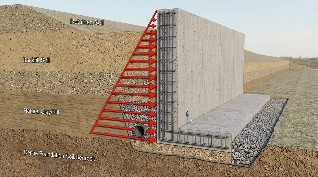 Schéma 3D des forces de poussée de la terre sur le mur de soutènement