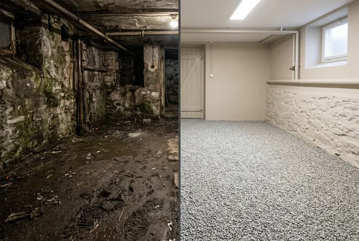 Avant après rénovation d'un sol de cave en terre battue vers du gravier