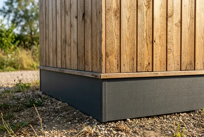 Gros plan sur le bardage bois et la jupe de soubassement isolante d'un mobil-home