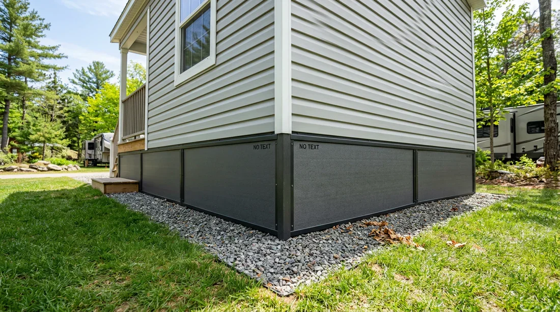 Jupe de soubassement isolante installée sous un mobil-home pour bloquer les courants d'air froid