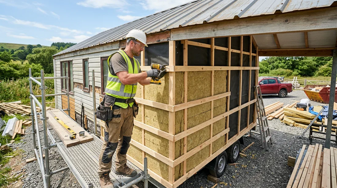 Pose de panneaux isolants et de liteaux sur les murs extérieurs d'un mobil-home