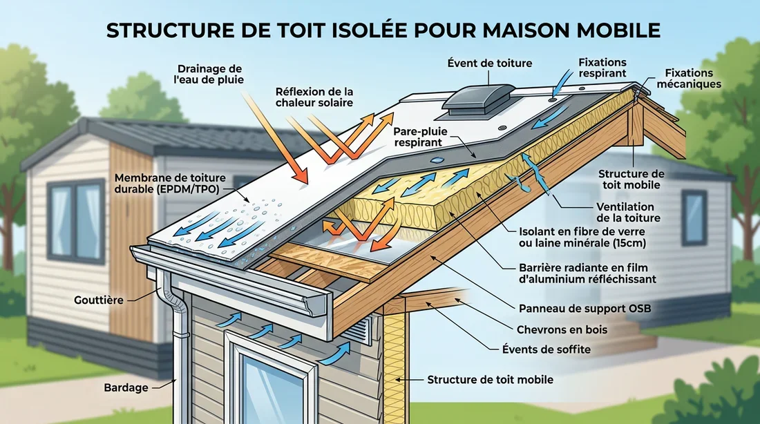 Schéma explicatif des couches d'isolation pour la toiture d'un mobil-home
