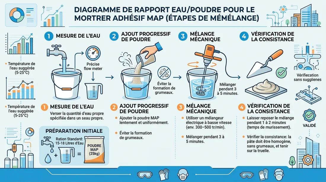 Infographie du dosage idéal eau et poudre pour réussir le mélange du MAP