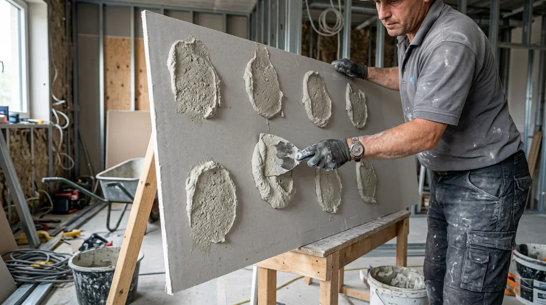 Pose de plots de mortier adhésif MAP au dos d'une plaque de plâtre