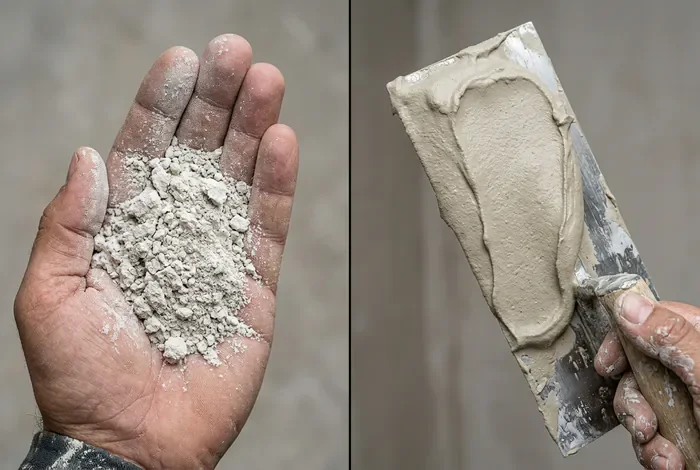 Vue comparative entre la poudre de MAP et la pâte malaxée sur truelle