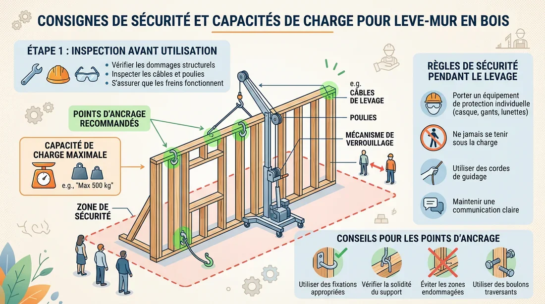 Infographie et schéma technique des consignes de sécurité pour le maniement du lève-mur.