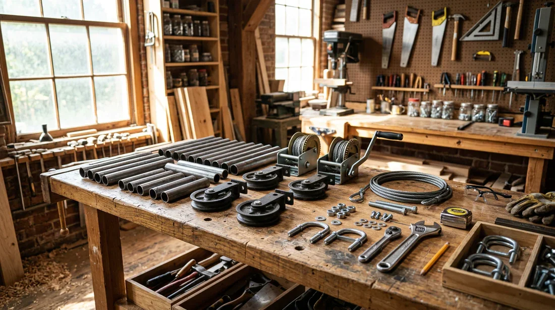 Matériaux et outillage pour fabriquer soi-même un lève-mur ossature bois.