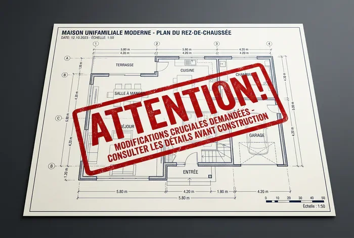 Plan architectural 3D de maison avec un tampon de mise en garde ATTENTION