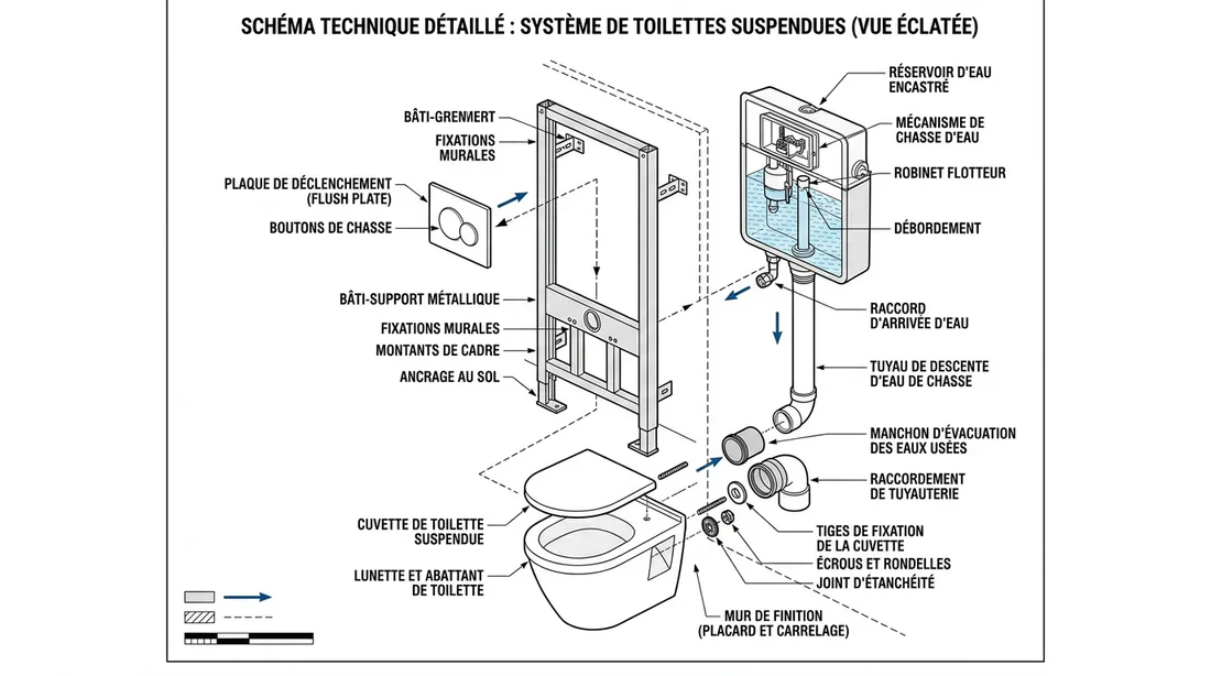 Schéma technique des composants d'un WC suspendu