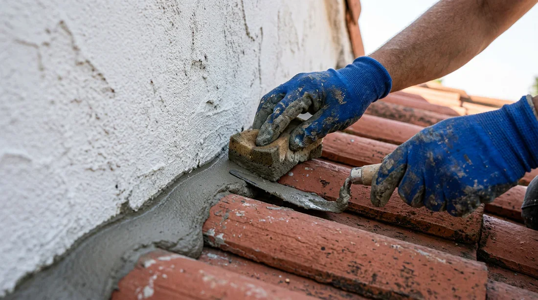 Lissage et finition du joint de mortier de solin contre le mur