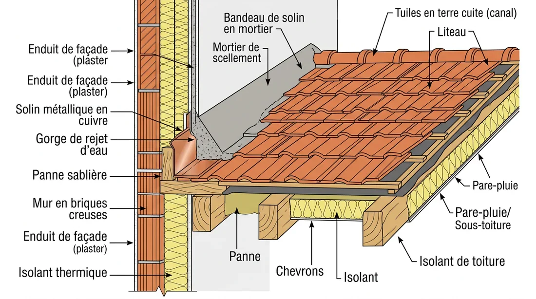 Schéma technique de la structure d'un solin en mortier entre tuiles et mur