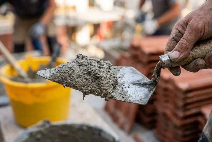Truelle chargée de mortier frais pour travaux de solin de toiture