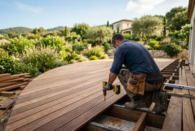 Artisan posant des lames de terrasse en bois exotique