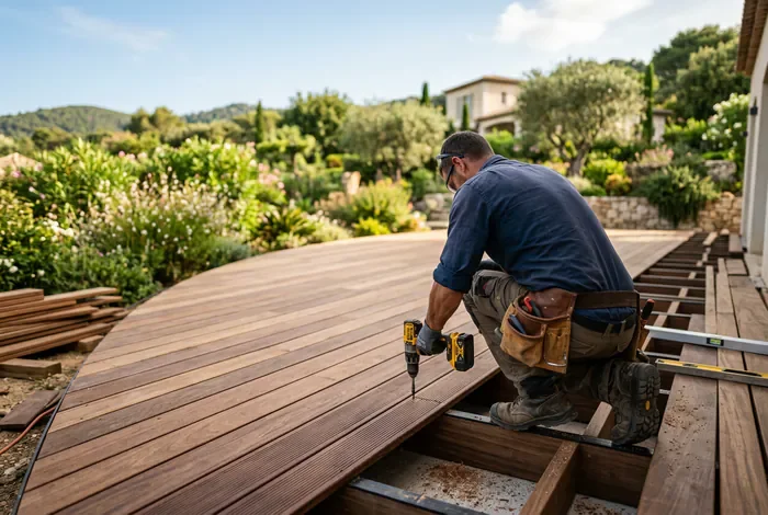 Artisan posant des lames de terrasse en bois exotique