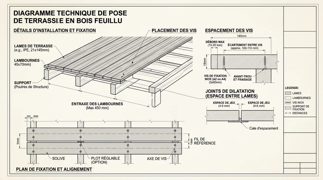 Schéma technique de pose de lames de terrasse