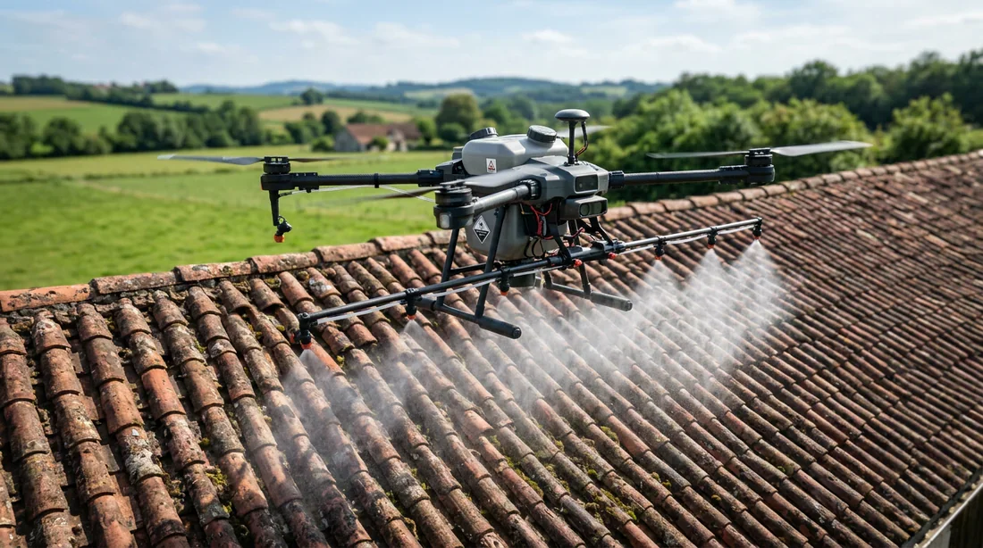 Drone professionnel effectuant un traitement de toiture par pulvérisation