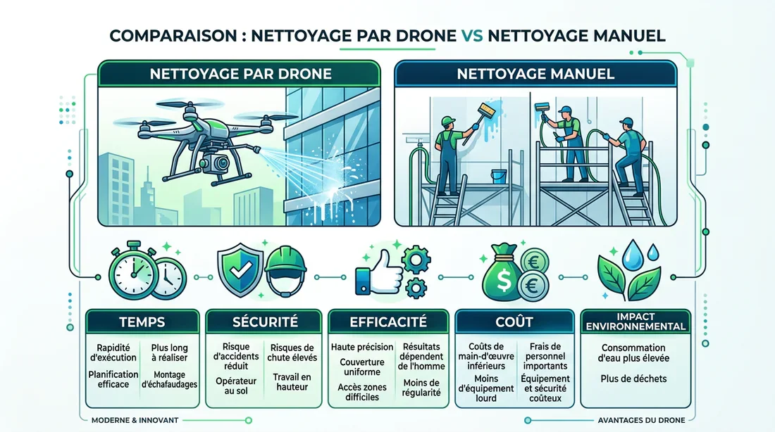 Infographie comparative entre le nettoyage de toiture par drone et manuellement